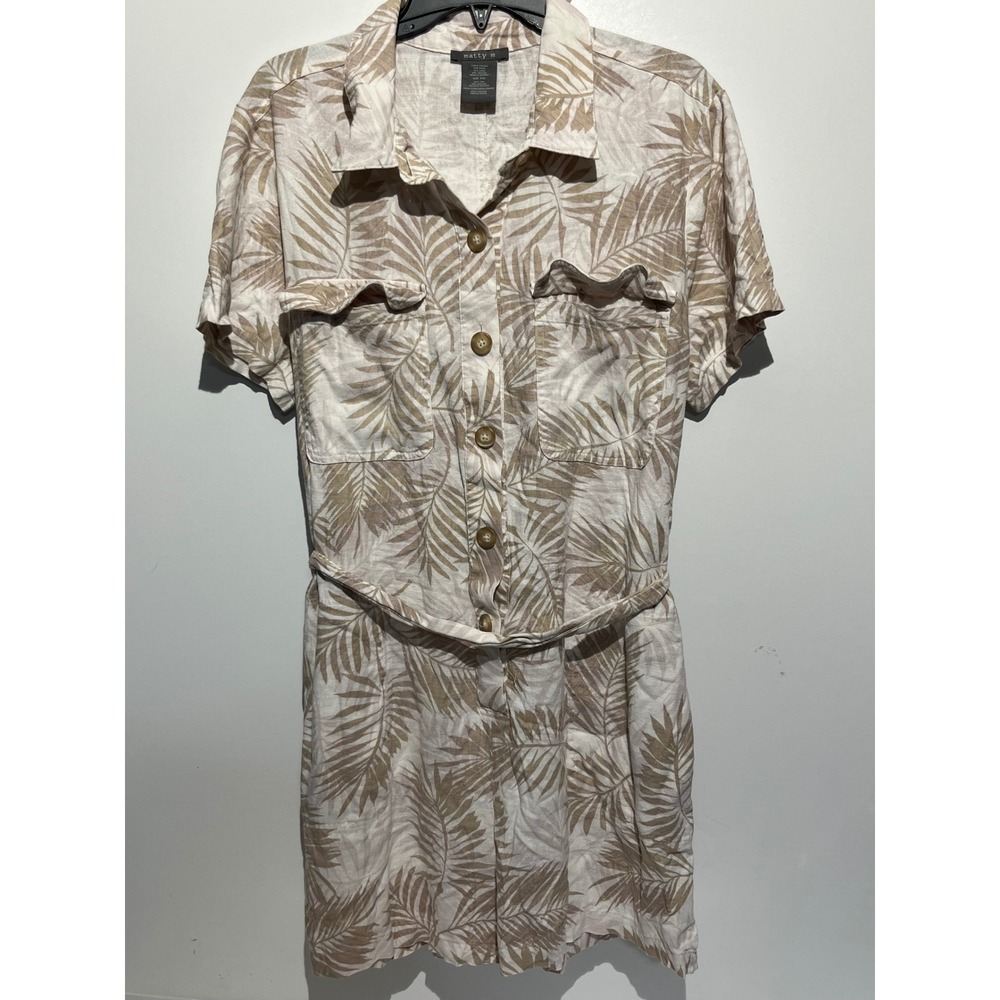 Matty M Womens XXL Linen Blend Palm Print Short Sleeve Button Front Romper Tan